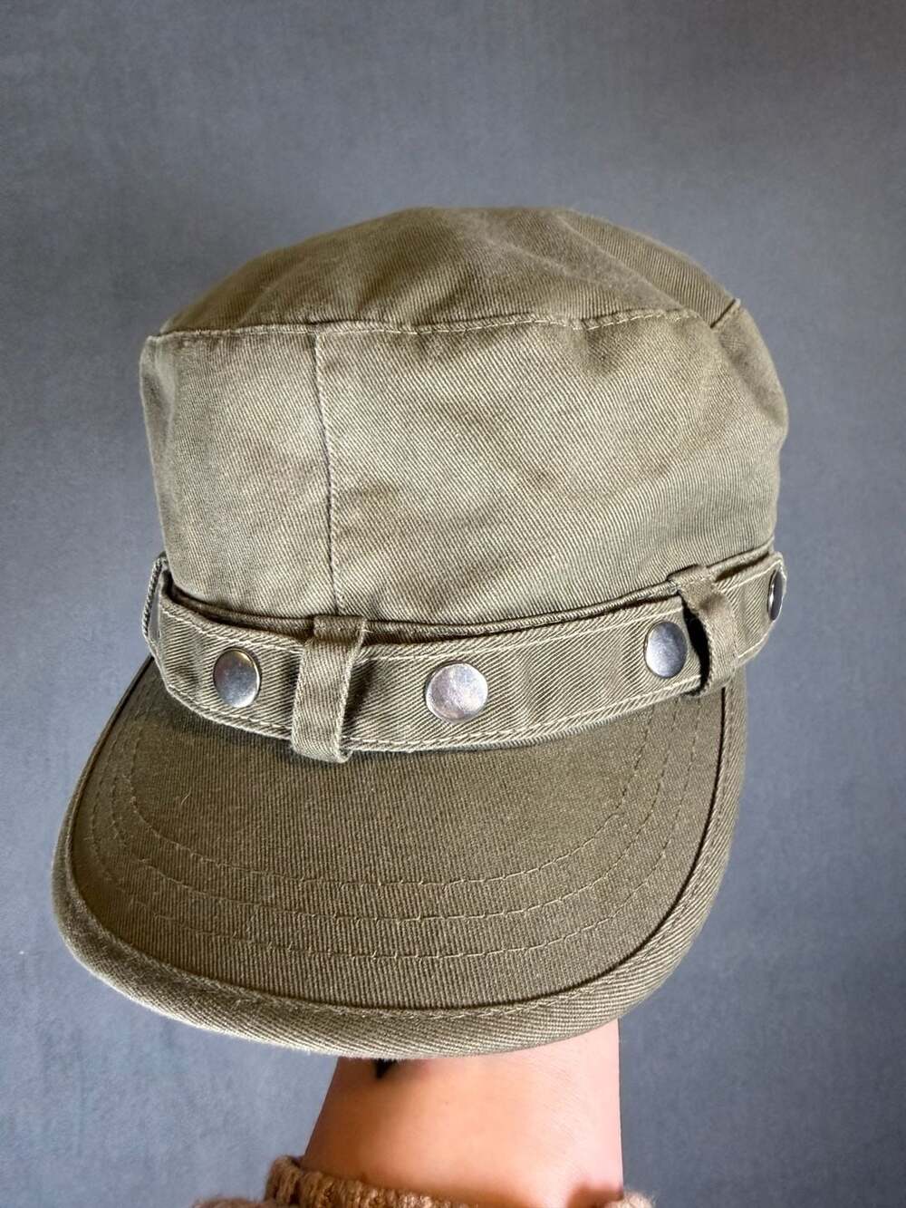 Y2K Olive Green Military Cadet Cap Silver Stud Snap Utility Hat Floral Lined